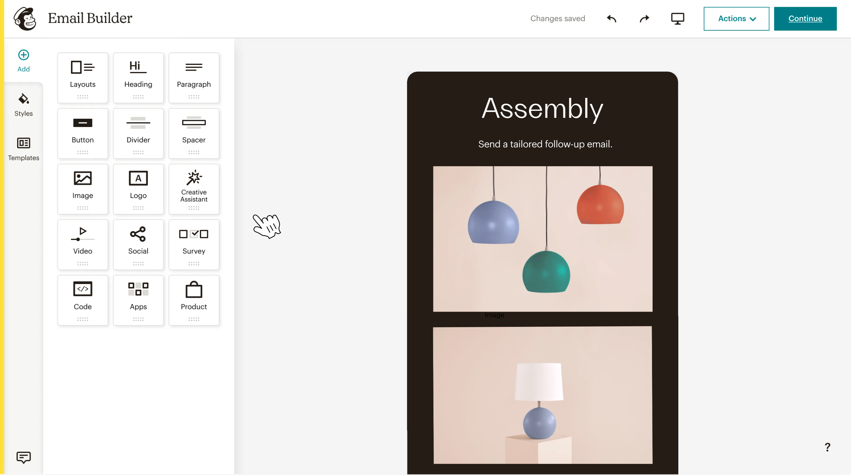 Mailchimp's email builder UI